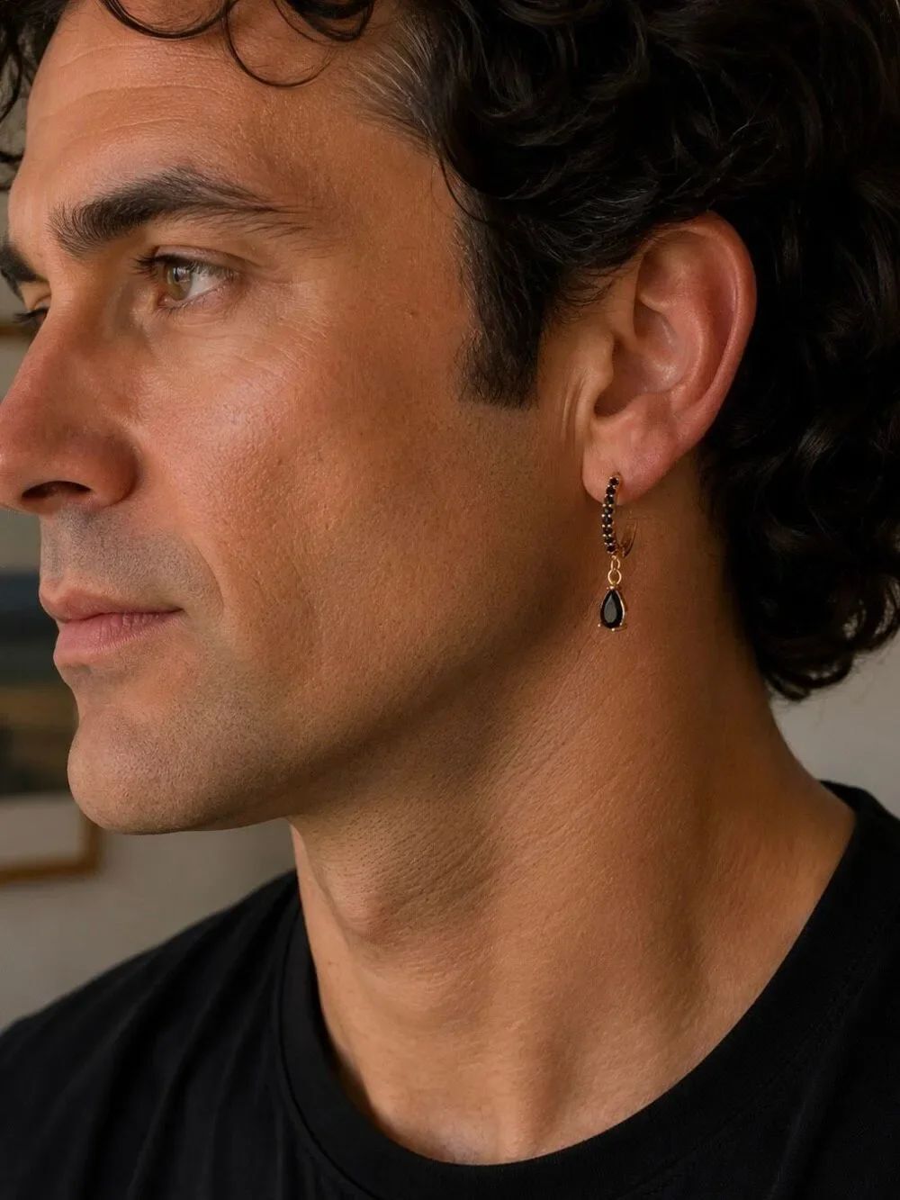 Men’s Gold Tone Huggie Hoops with Black Stones